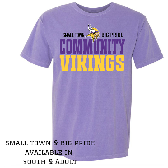 Small Town Big Pride Comfort Color TShirt- Community Vikings Purple - Youth & Adult