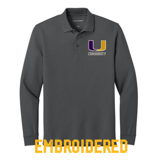 Men’s Long Sleeve Pique Polo – Embroidered "U Community" Logo