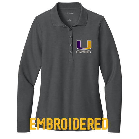 Women’s Long Sleeve Pique Polo – Embroidered "U Community" Logo