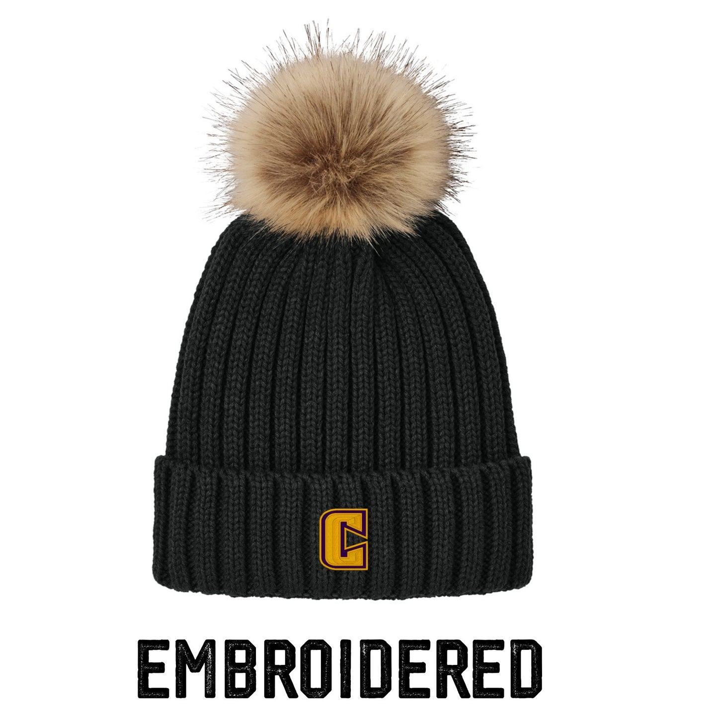Community C Black Beanie with Faux Fur Pom – Warmth Meets Style