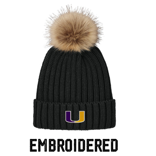 Community U Black Beanie with Faux Fur Pom – Warmth Meets Style